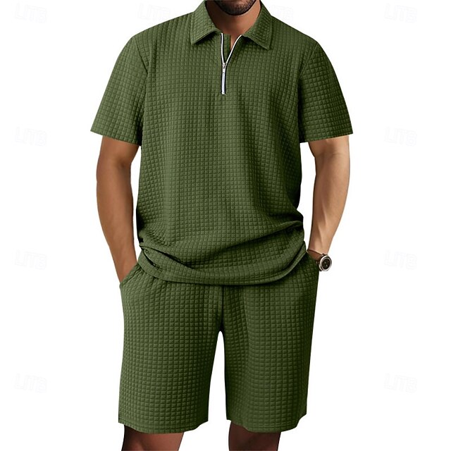 Men's Polo T-shirt Suits Tracksuit Shorts and T Shirt Set Short Sleeve Short Sleeves Turndown Summer Color Block Gymnatics Casual Jacquard Zipper 2 Piece Casual Vacation Daily Wear Black White khaki