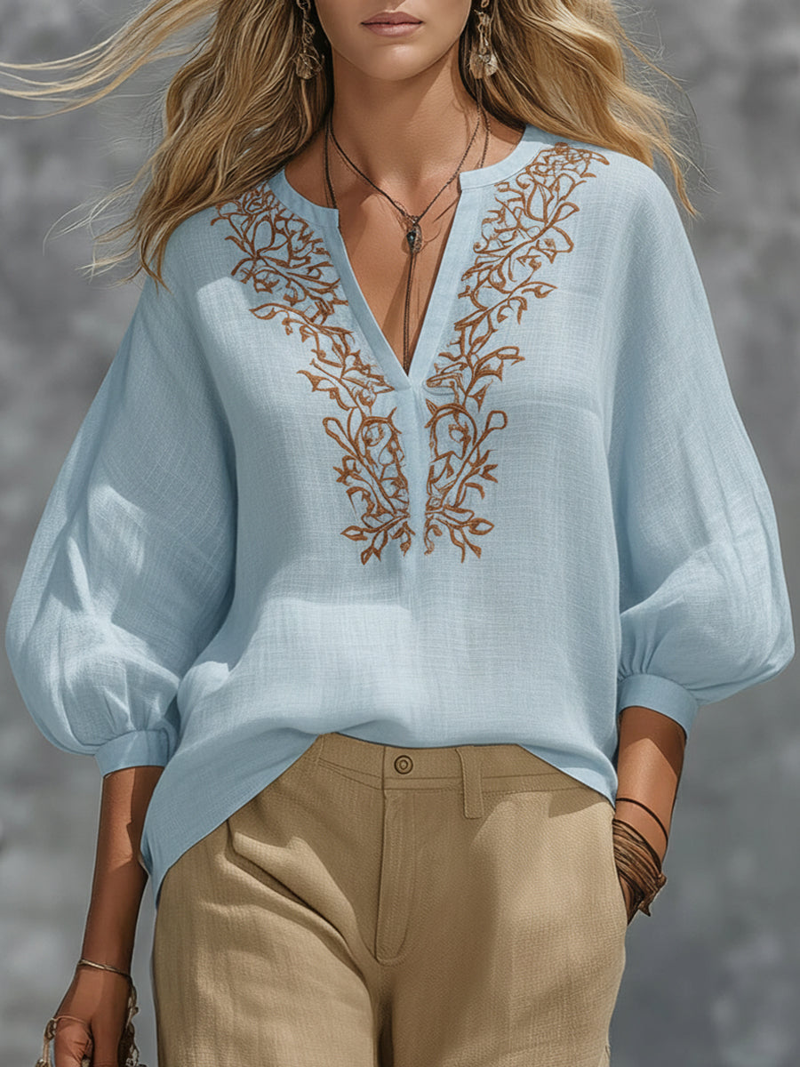 Loose-fitting V-neck Linen And Cotton Shirt