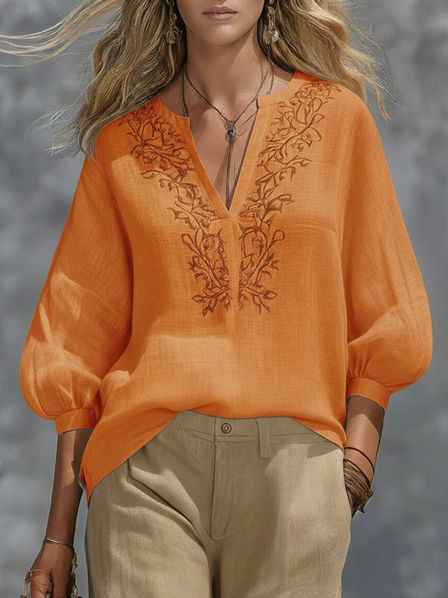 Loose-fitting V-neck Linen And Cotton Shirt