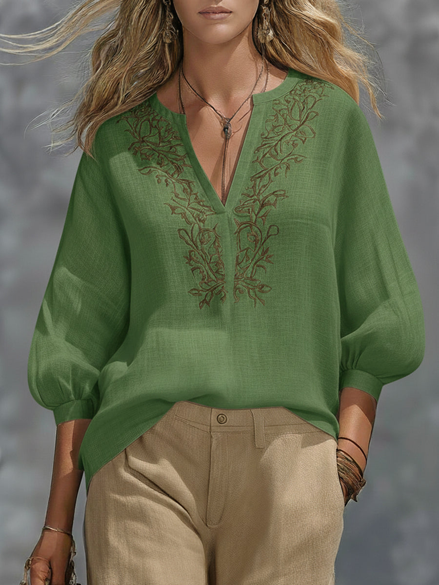 Loose-fitting V-neck Linen And Cotton Shirt