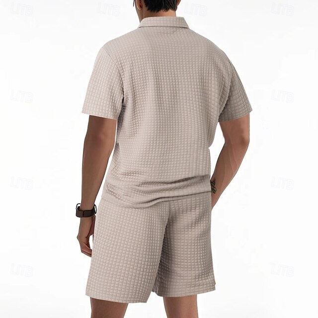 Men's Polo T-shirt Suits Tracksuit Shorts and T Shirt Set Short Sleeve Short Sleeves Turndown Summer Color Block Gymnatics Casual Jacquard Zipper 2 Piece Casual Vacation Daily Wear Black White khaki