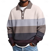 Men's Horizontal Stripes Waffle Polo Shirts Textured Long Sleeve Polo Shirts