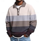Men's Horizontal Stripes Waffle Polo Shirts Textured Long Sleeve Polo Shirts