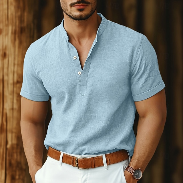 Men's Shirt Linen Shirt Band Collar Shirt Popover Shirt Summer Shirt Beach Wear Plain Vacation Casual Black White Pink Navy Blue Short Sleeve Henley Summer Clothing Apparel