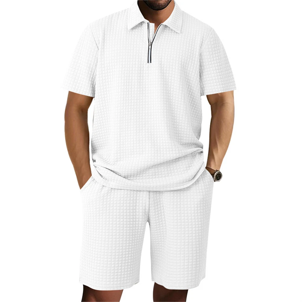 Men's Polo T-shirt Suits Tracksuit Shorts and T Shirt Set Short Sleeve Short Sleeves Turndown Summer Color Block Gymnatics Casual Jacquard Zipper 2 Piece Casual Vacation Daily Wear Black White khaki