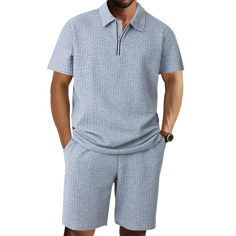 Men's Polo T-shirt Suits Tracksuit Shorts and T Shirt Set Short Sleeve Short Sleeves Turndown Summer Color Block Gymnatics Casual Jacquard Zipper 2 Piece Casual Vacation Daily Wear Black White khaki