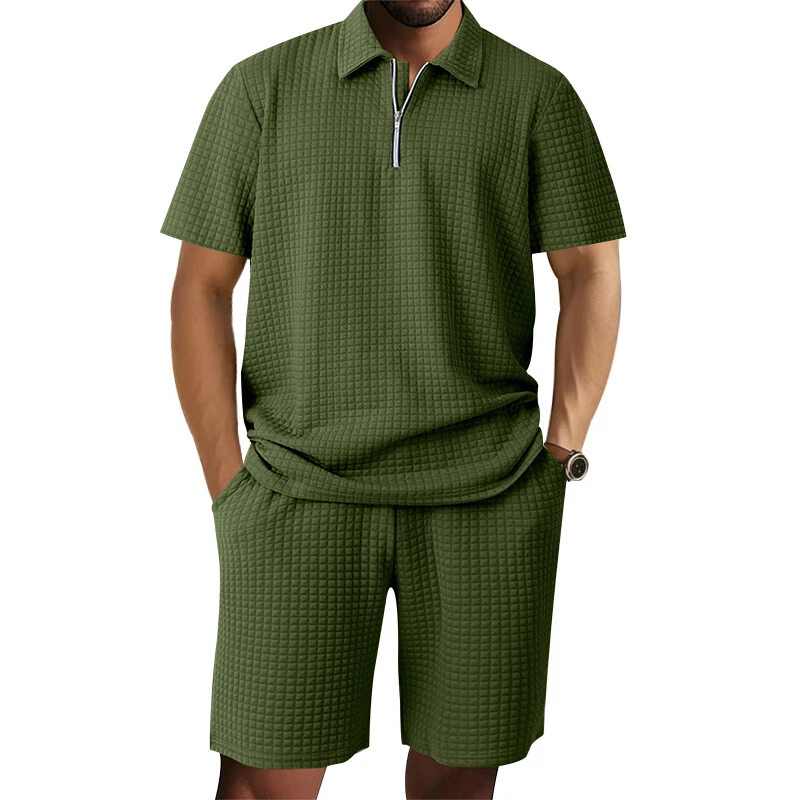 Men's Polo T-shirt Suits Tracksuit Shorts and T Shirt Set Short Sleeve Short Sleeves Turndown Summer Color Block Gymnatics Casual Jacquard Zipper 2 Piece Casual Vacation Daily Wear Black White khaki