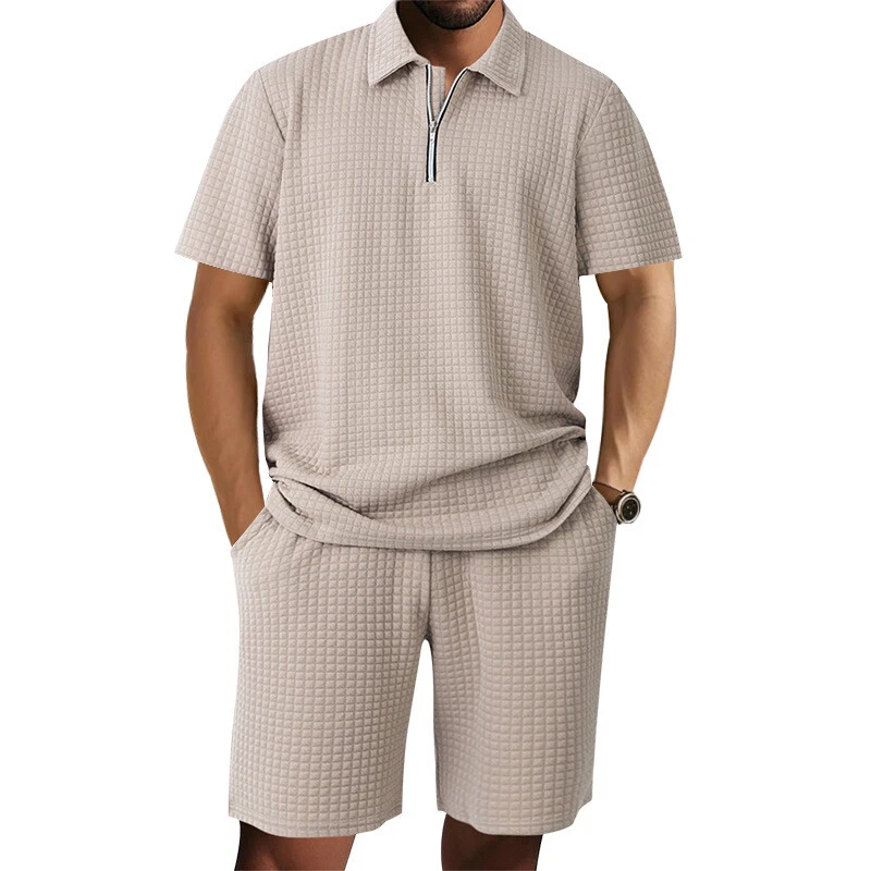 Men's Polo T-shirt Suits Tracksuit Shorts and T Shirt Set Short Sleeve Short Sleeves Turndown Summer Color Block Gymnatics Casual Jacquard Zipper 2 Piece Casual Vacation Daily Wear Black White khaki