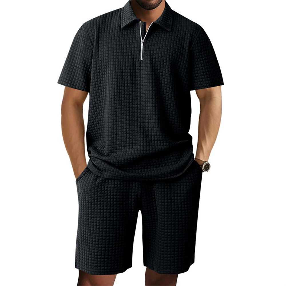 Men's Polo T-shirt Suits Tracksuit Shorts and T Shirt Set Short Sleeve Short Sleeves Turndown Summer Color Block Gymnatics Casual Jacquard Zipper 2 Piece Casual Vacation Daily Wear Black White khaki