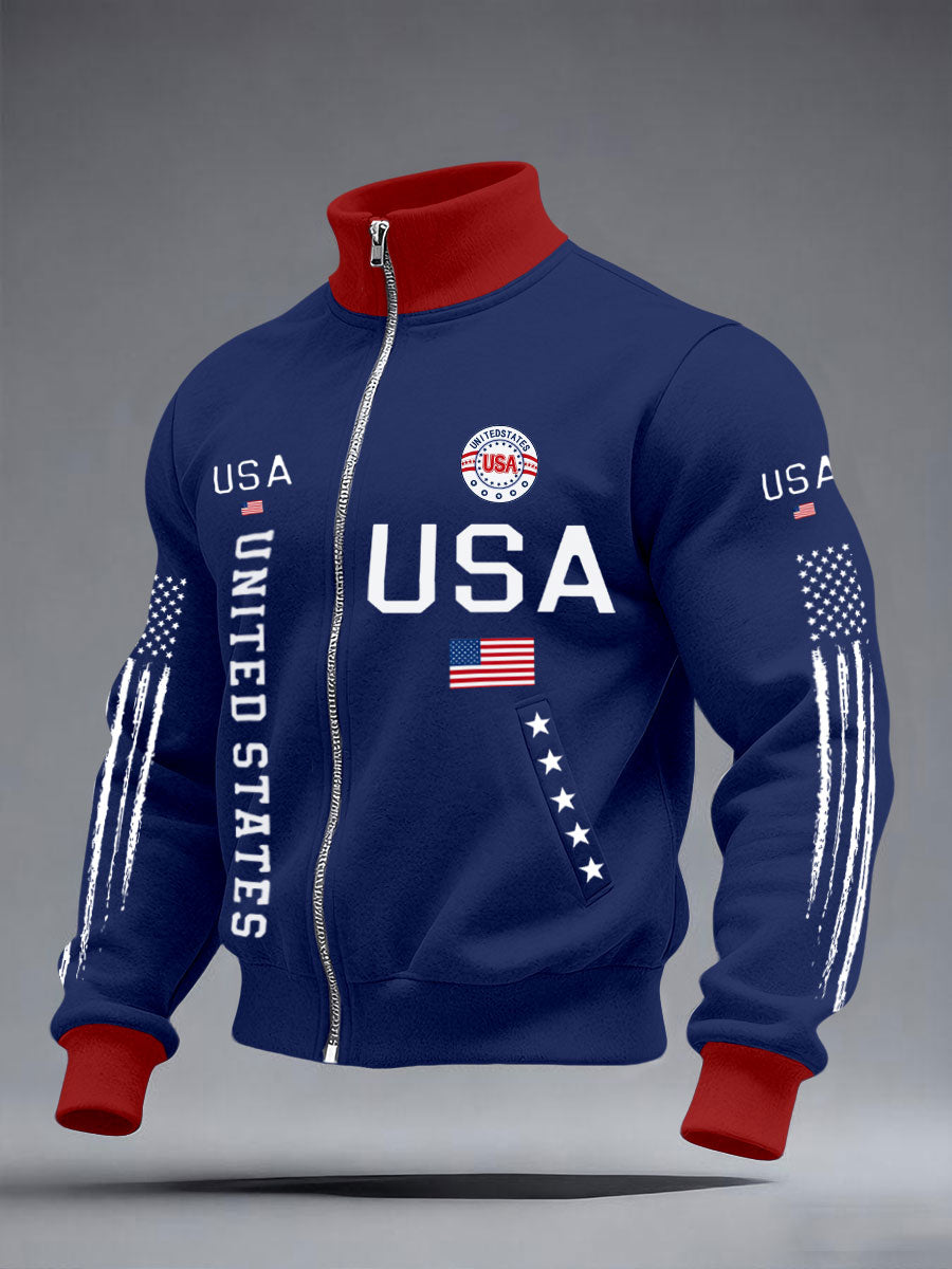 Men’s Stars and Stripes Jacket – American Style Zip-Up Outerwear