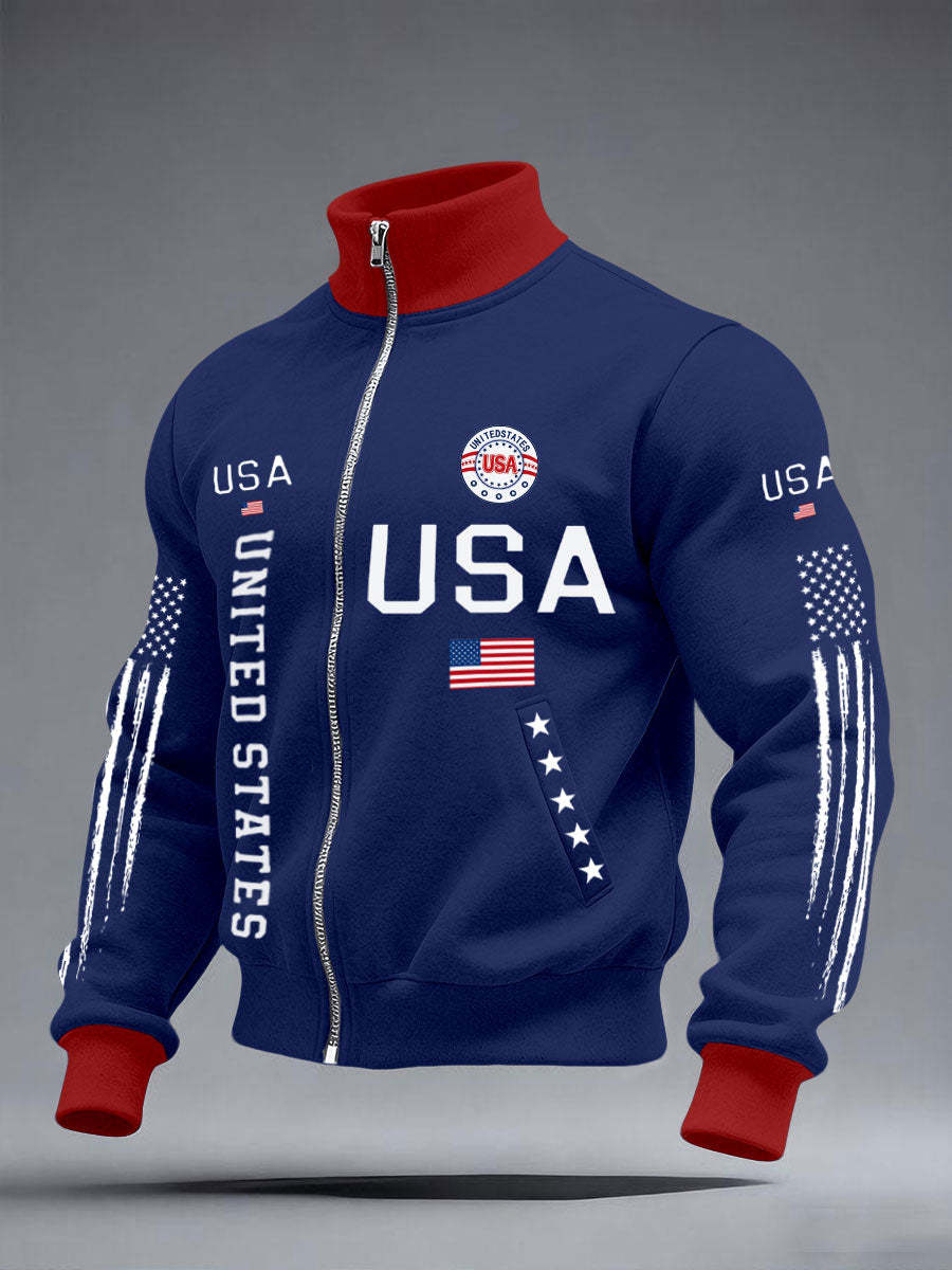 Men’s Stars and Stripes Jacket – American Style Zip-Up Outerwear