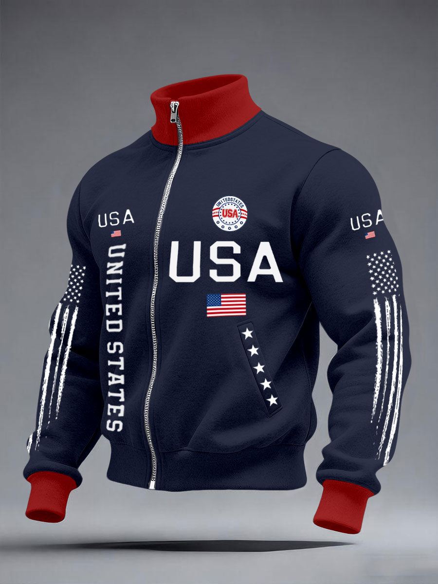 Men’s Stars and Stripes Jacket – American Style Zip-Up Outerwear