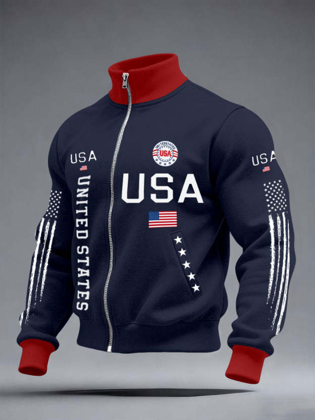 Men’s Stars and Stripes Jacket – American Style Zip-Up Outerwear
