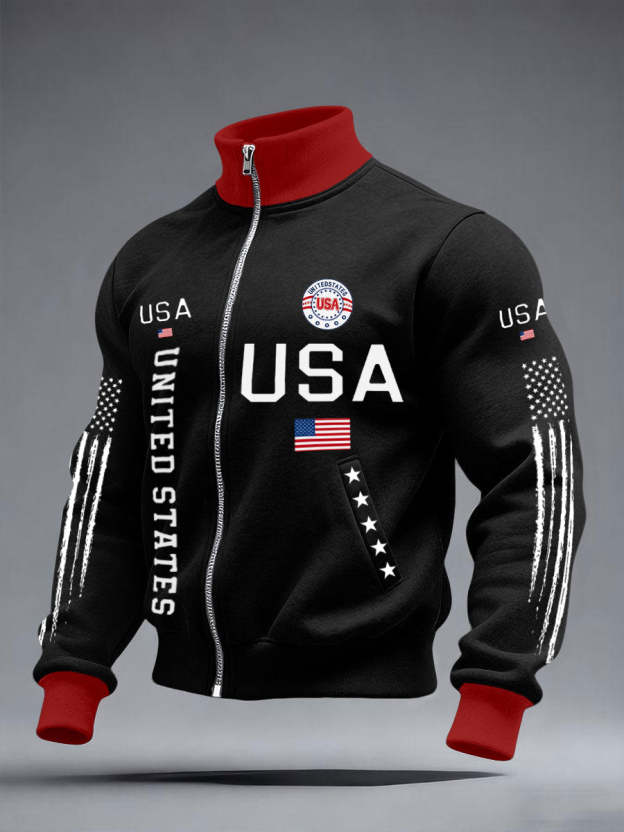 Men’s Stars and Stripes Jacket – American Style Zip-Up Outerwear