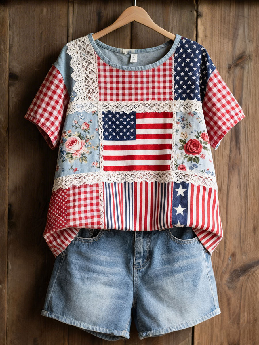 Women's Patchwork Floral Print Casual T-Shirt