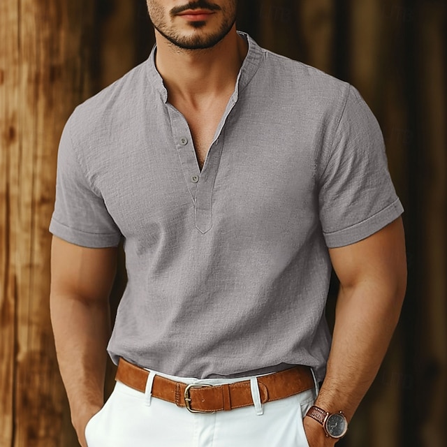 Men's Shirt Linen Shirt Band Collar Shirt Popover Shirt Summer Shirt Beach Wear Plain Vacation Casual Black White Pink Navy Blue Short Sleeve Henley Summer Clothing Apparel