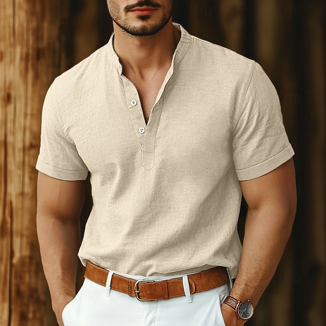 Men's Shirt Linen Shirt Band Collar Shirt Popover Shirt Summer Shirt Beach Wear Plain Vacation Casual Black White Pink Navy Blue Short Sleeve Henley Summer Clothing Apparel