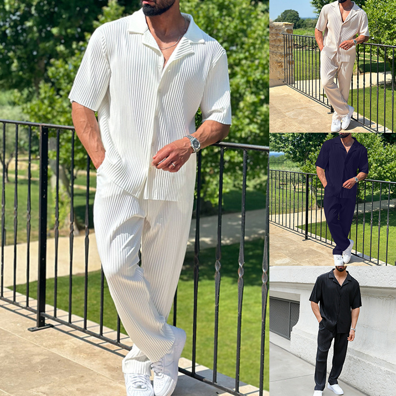 2025 Spring solid color sports men's suit fashion casual short sleeve pants two-piece set