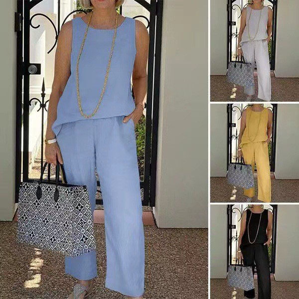2025 summer new cotton linen suit sleeveless top nine points wide leg pants two-piece set