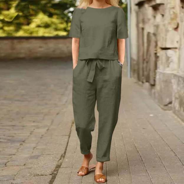2025 new women's cotton and linen set half sleeve + wide leg pants