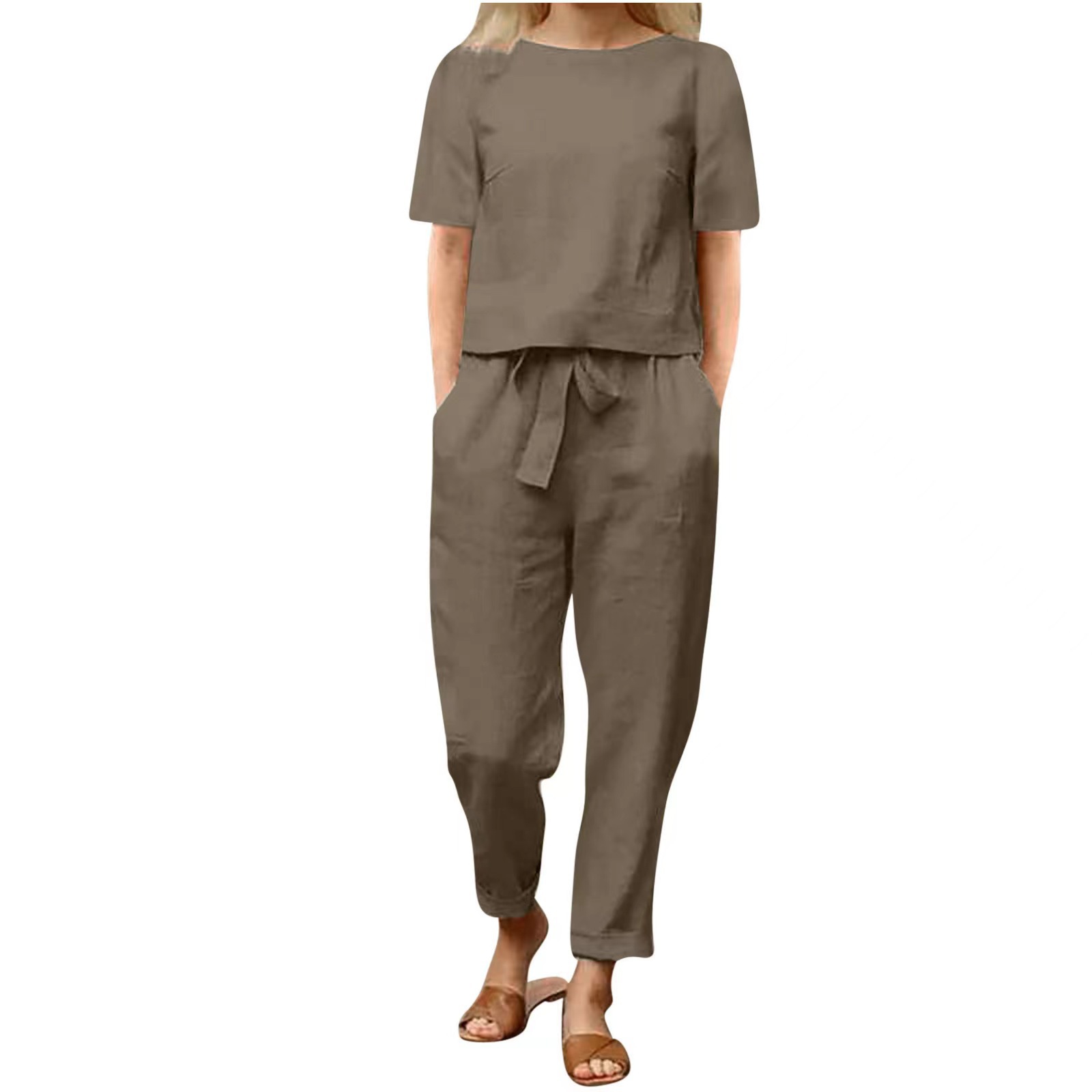 2025 new women's cotton and linen set half sleeve + wide leg pants