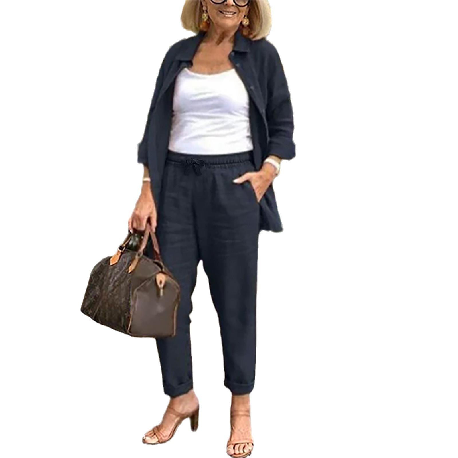 Women's retro loose long sleeve shirt belt solid color Harlan suit