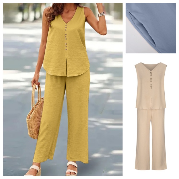 V-neck casual solid color printed tank top wide leg pant suit
