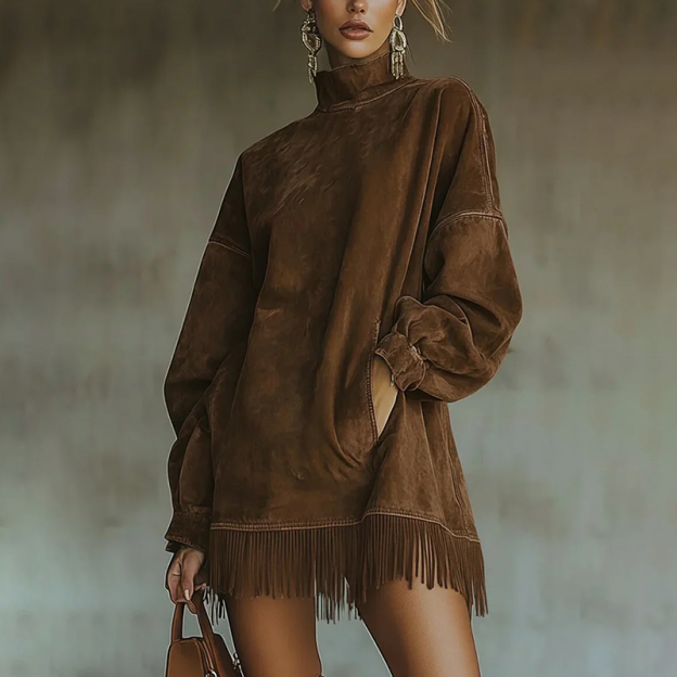 Adela - High Neck Faux Suede Dress