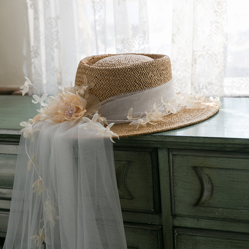 Retro Gauze  Straw Flat-Top Beach Photo Sun Hat