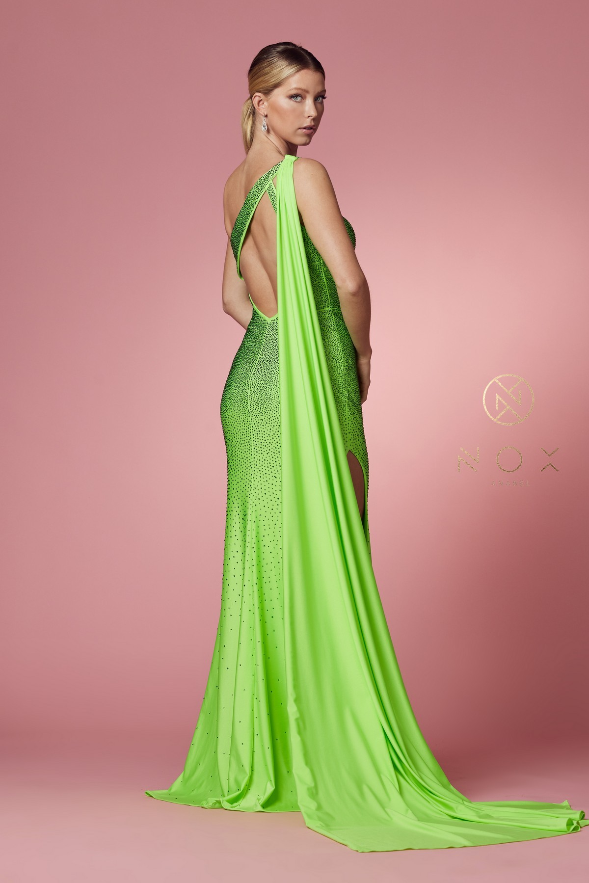 Elegant One Shoulder High Slit Side Jersey Cape Rhinestone Gown #E1039