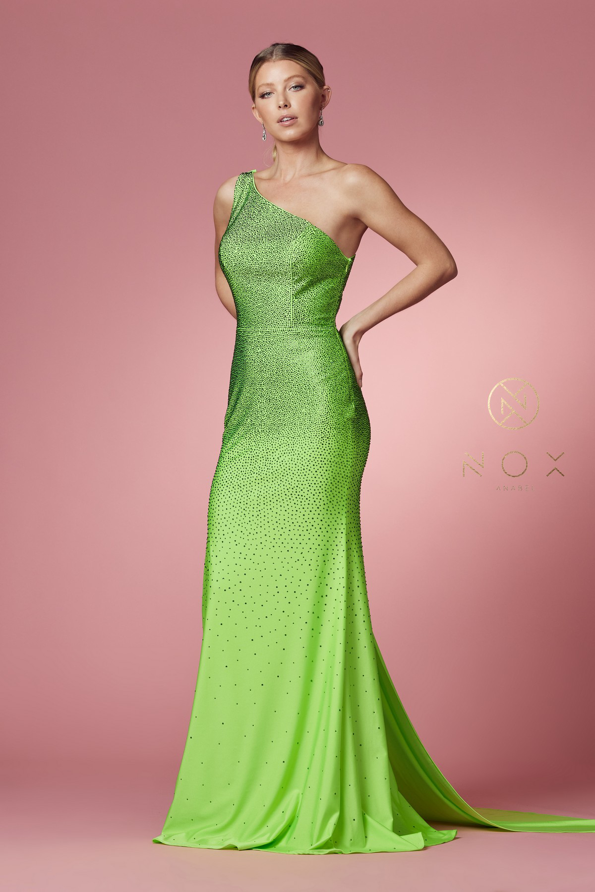 Elegant One Shoulder High Slit Side Jersey Cape Rhinestone Gown #E1039