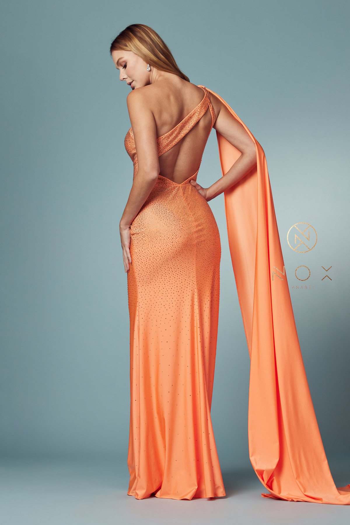 Elegant One Shoulder High Slit Side Jersey Cape Rhinestone Gown #E1039
