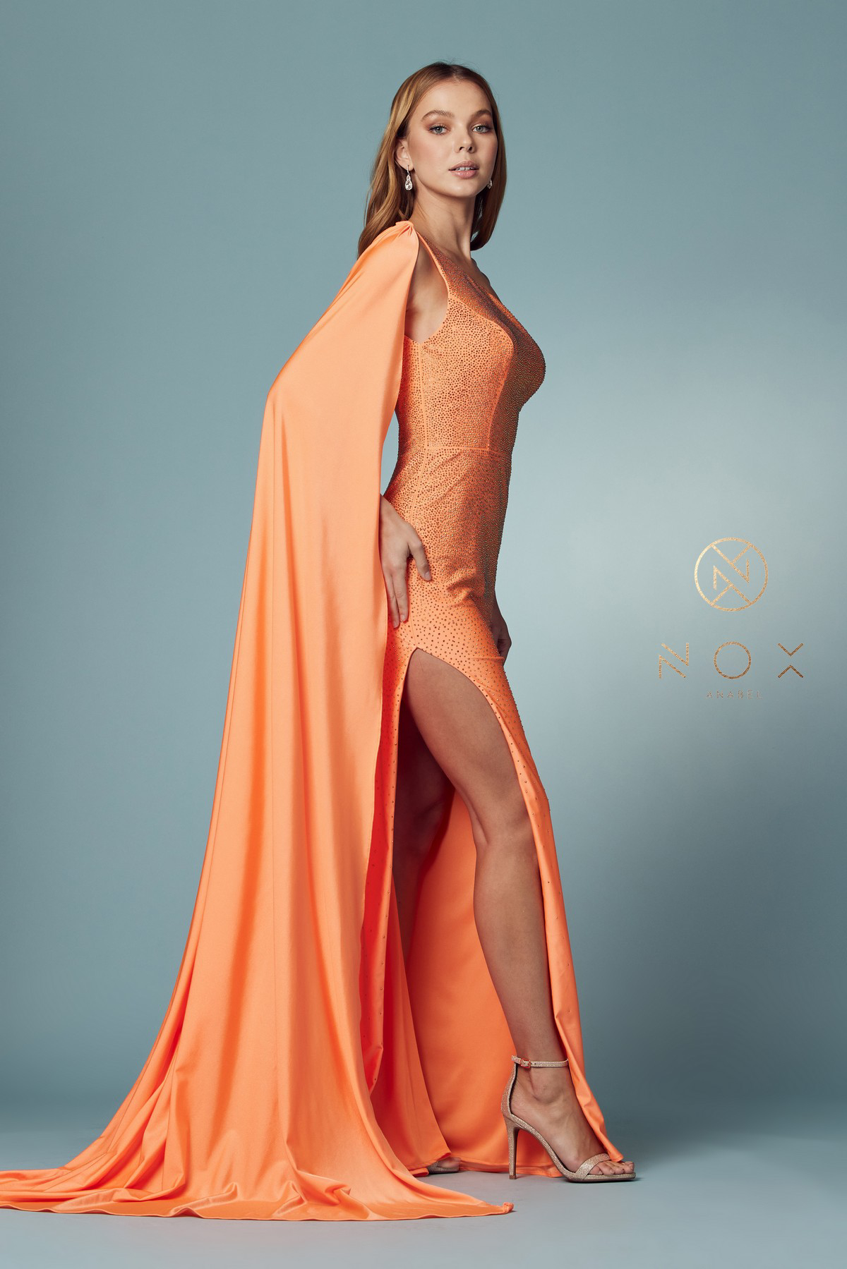 Elegant One Shoulder High Slit Side Jersey Cape Rhinestone Gown #E1039