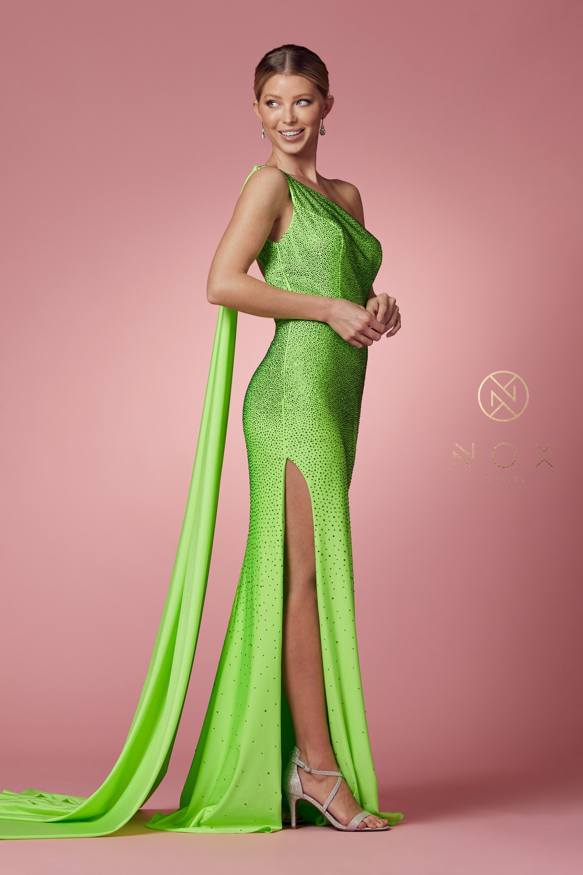 Elegant One Shoulder High Slit Side Jersey Cape Rhinestone Gown #E1039