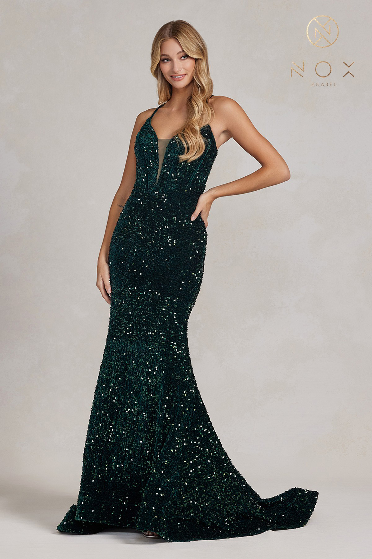 Limmering Mermaid Plunging V-Neckline Sequins Adorn Gown #C1109