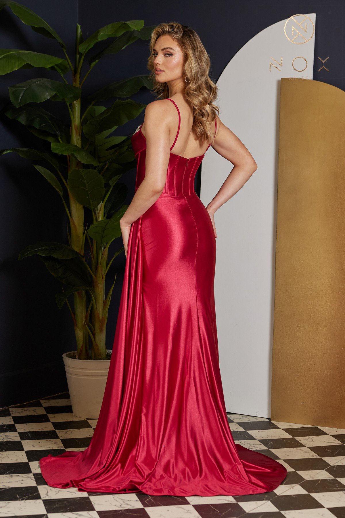 Stunning Spaghetti Straps Beaded Cowl Neck Satin Gown #E1242