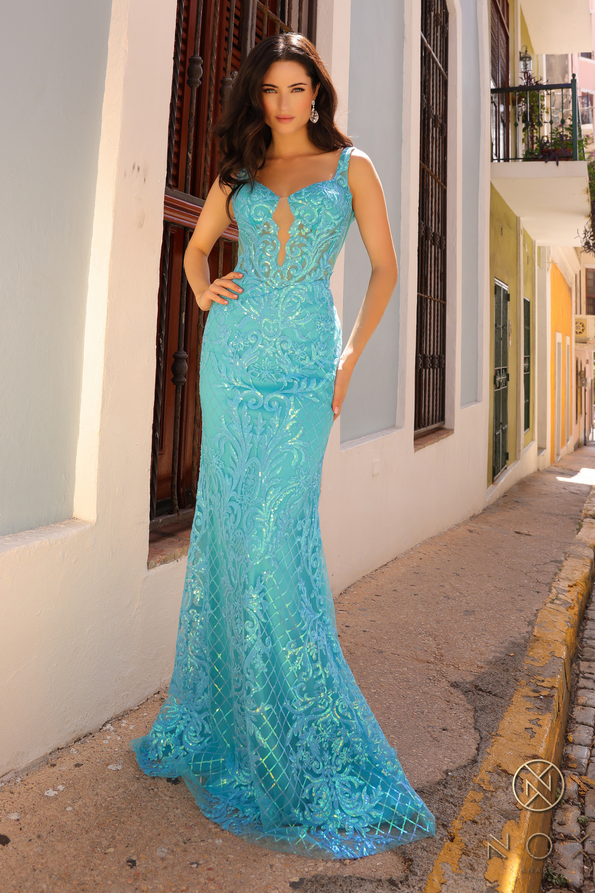 Mesmerizing Deep V-Neckline Sequin Illusion Gown #E1274