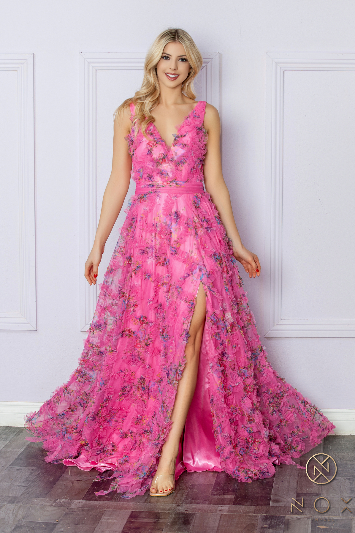 A-Line Deep V-Neck Floral Tulle Slit Gown #E1445