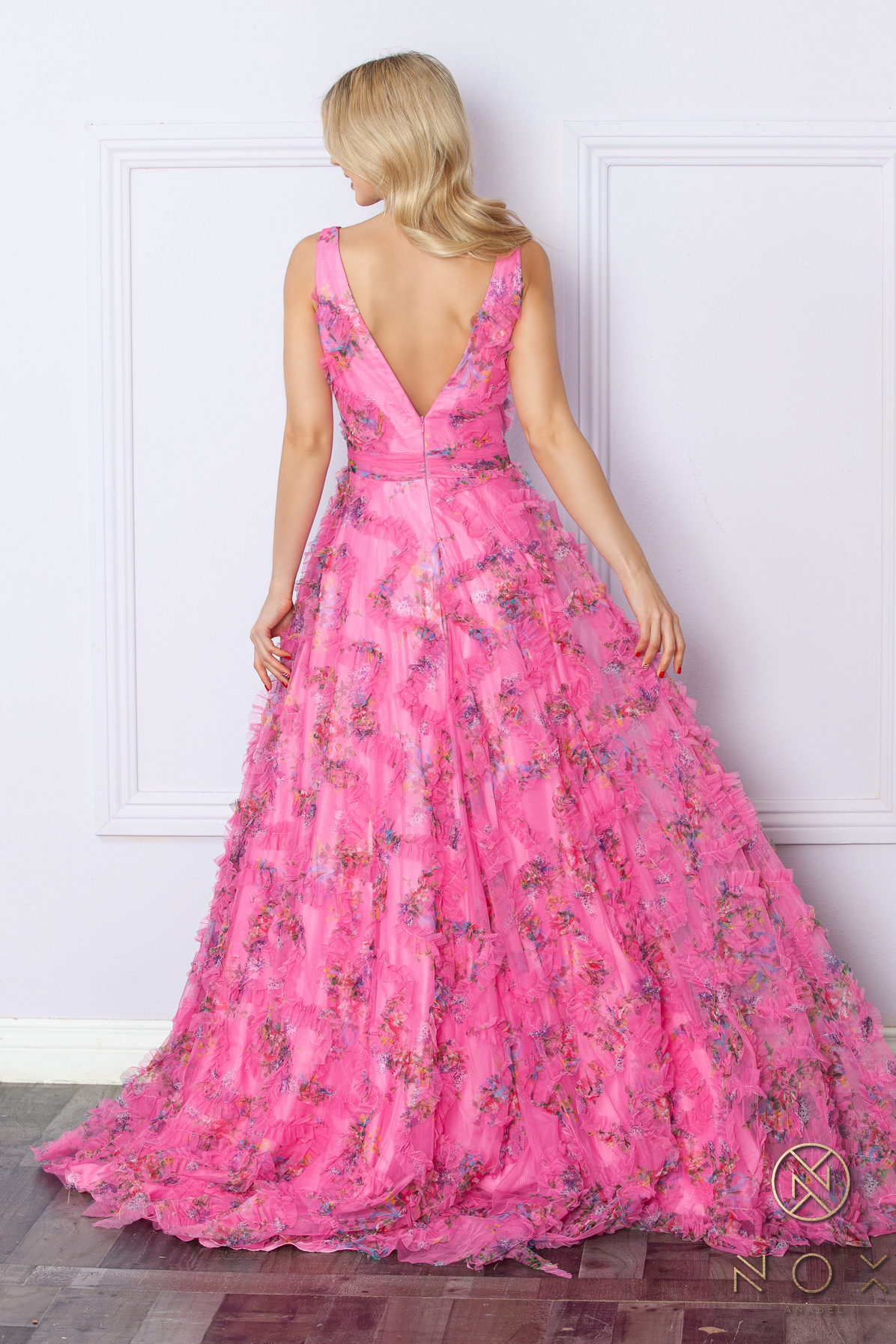 A-Line Deep V-Neck Floral Tulle Slit Gown #E1445