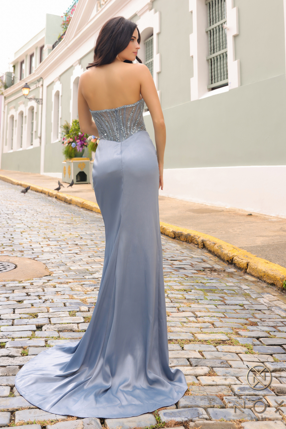 Fitted V-Neck Sequin Satin Slit Gown #F1466