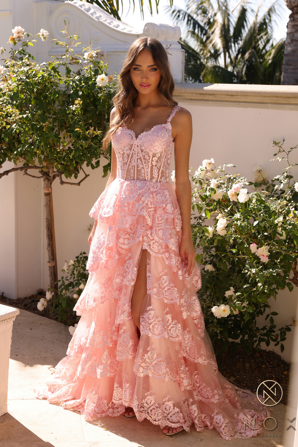 A-Line Sweetheart Tiered Lace Illusion Bodice Slit Gown #R1299