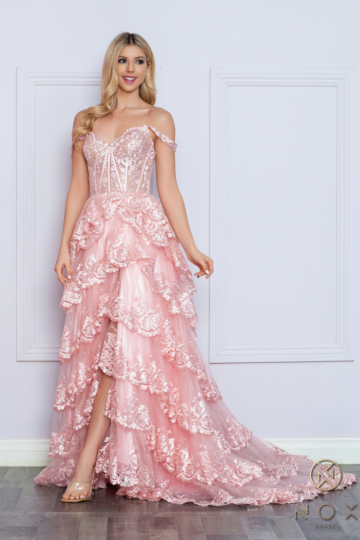 A-Line Sweetheart Tiered Lace Illusion Bodice Slit Gown #R1299