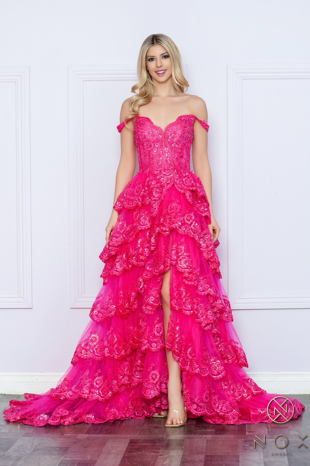 A-Line Sweetheart Tiered Lace Illusion Bodice Slit Gown #R1299