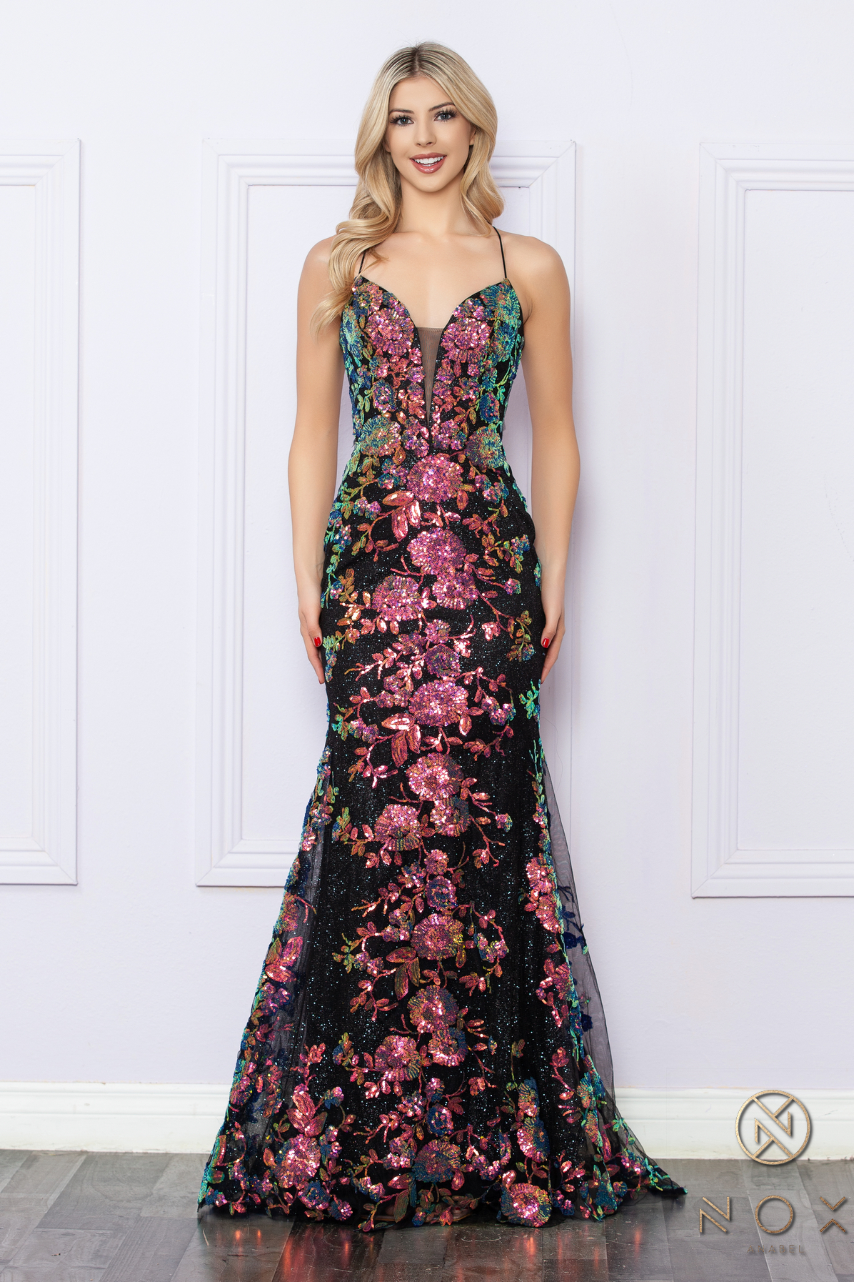 Fitted Spaghetti Straps Floral Sequin Lace Up Back Gown #R1439