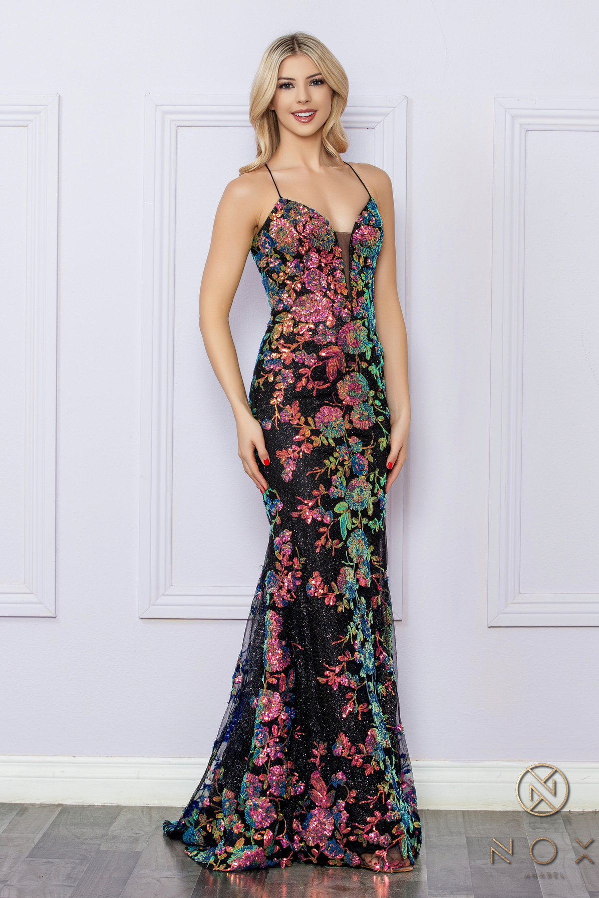 Fitted Spaghetti Straps Floral Sequin Lace Up Back Gown #R1439