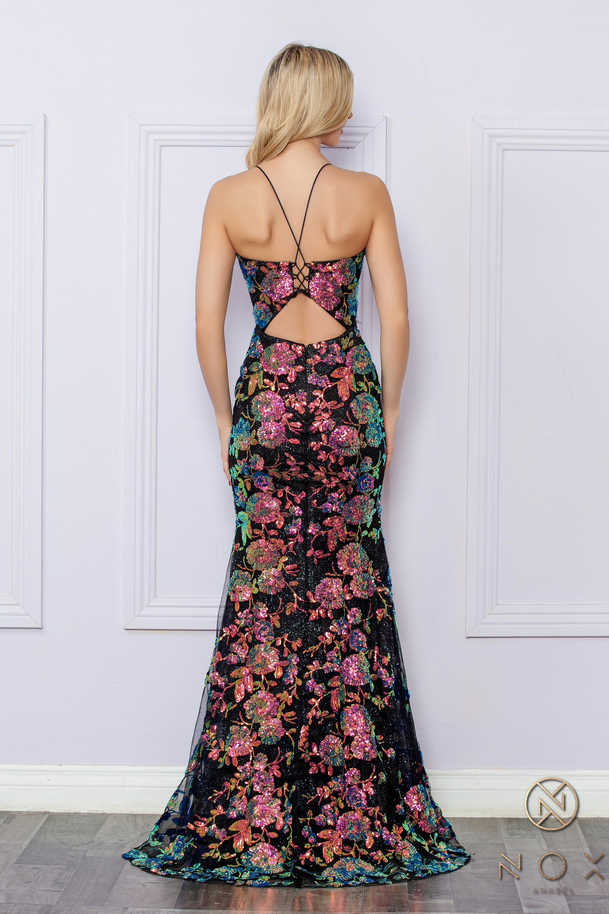 Fitted Spaghetti Straps Floral Sequin Lace Up Back Gown #R1439