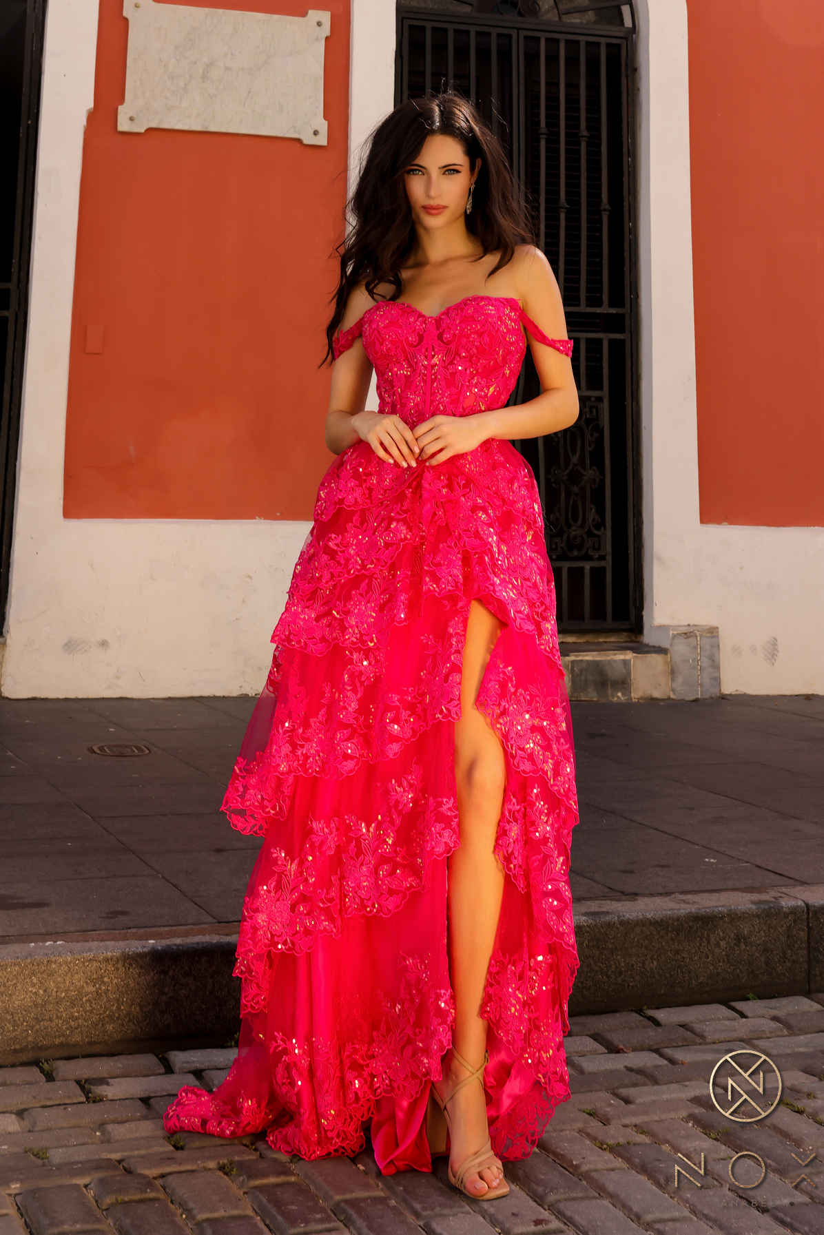 A-Line Off The Shoulder Tiered Lace Slit Gown #T1335