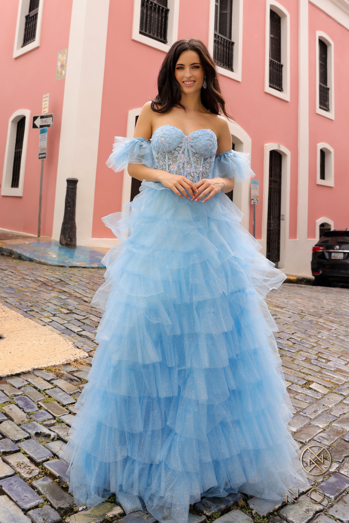 A-Line Sweetheart Glitter Tulle Tiered Skirt Gown #T1338