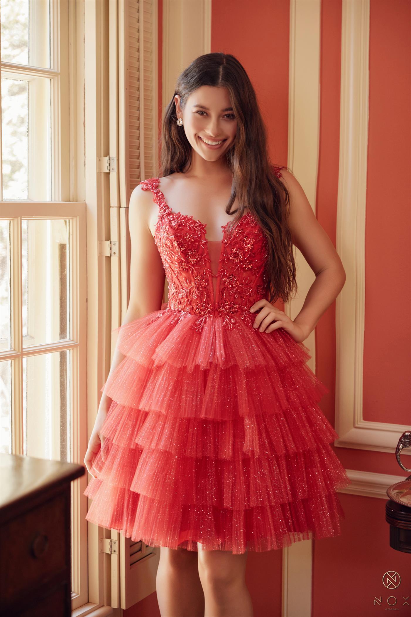 V-Neck Emblished Straps Glitter Tulle Beaded Formal Dress #E904