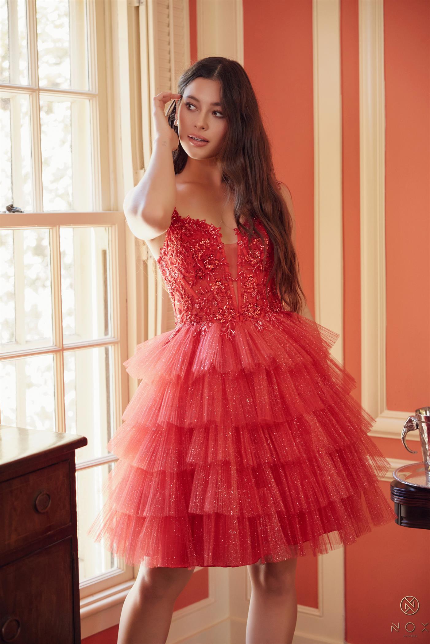 V-Neck Emblished Straps Glitter Tulle Beaded Formal Dress #E904